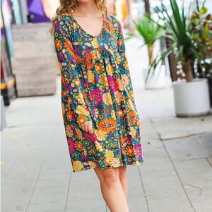 Boho Buttery Soft Knit Floral Pocketed Dress Bright Trendy Haptics Small